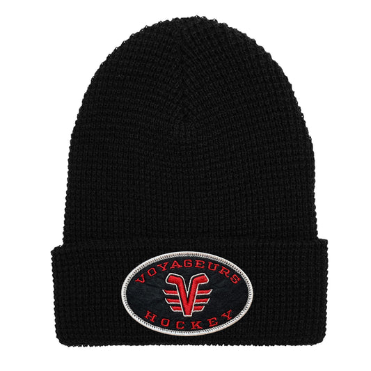 De Pere Voyageurs High School Hockey Winter Cuffed Hat | Black Waffle Knit Beanie Oval Patch