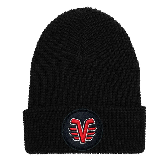 De Pere Voyageurs High School Hockey Winter Cuffed Hat | Black Waffle Knit Beanie Round Patch