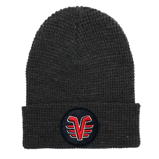 De Pere Voyageurs High School Hockey Winter Cuffed Hat | Charcoal Waffle Knit Beanie Round Patch
