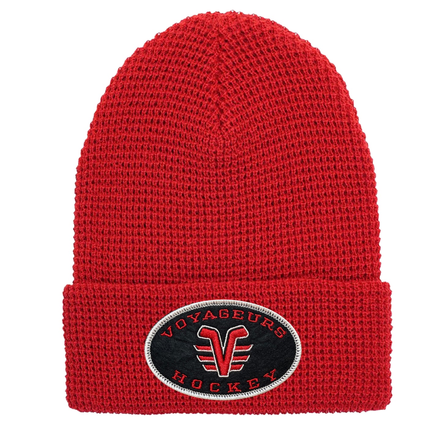 De Pere Voyageurs High School Hockey Winter Cuffed Hat | Red Waffle Knit Beanie Oval Patch