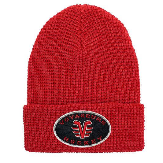 De Pere Voyageurs High School Hockey Winter Cuffed Hat | Red Waffle Knit Beanie Oval Patch