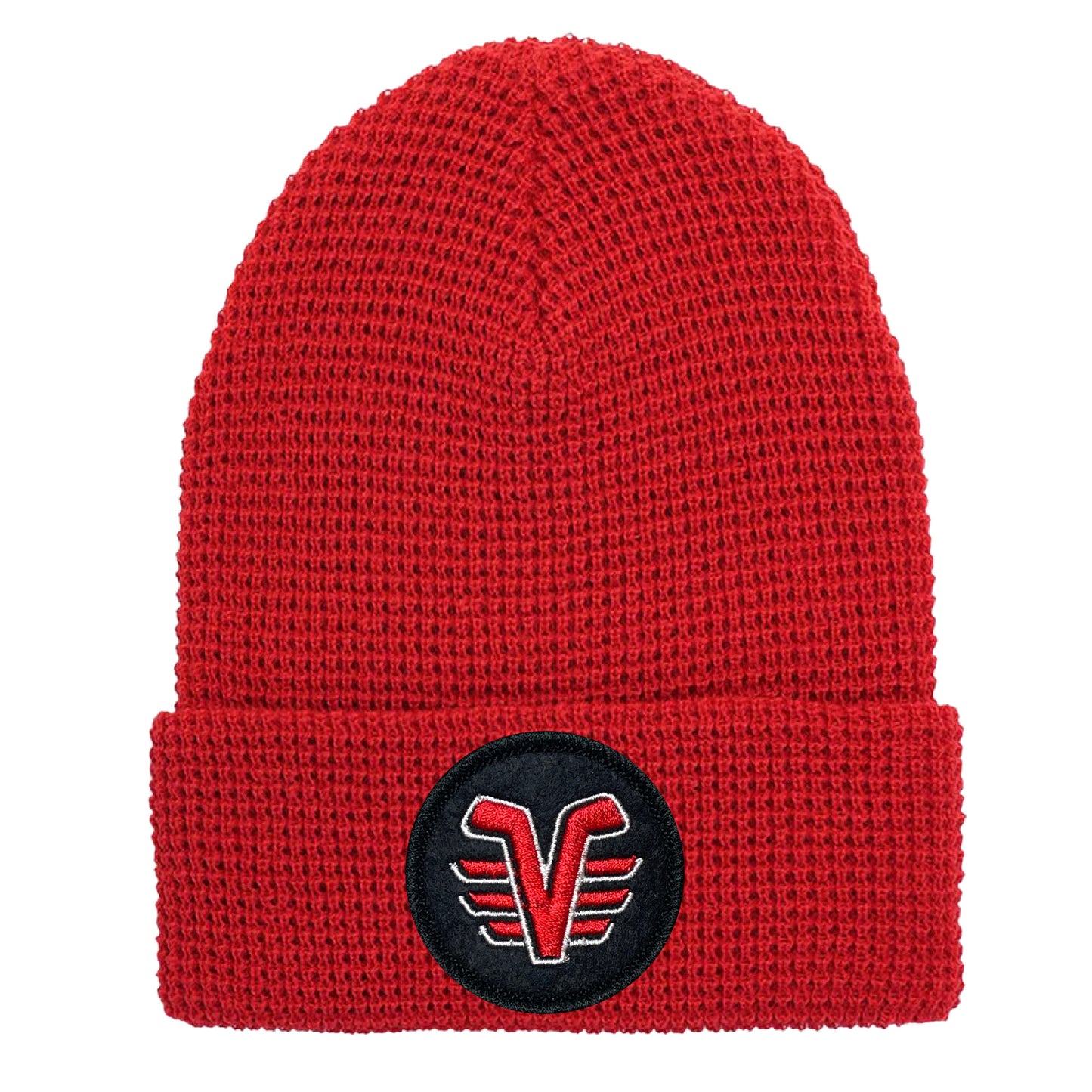 De Pere Voyageurs High School Hockey Winter Cuffed Hat | Red Waffle Knit Beanie Round Patch