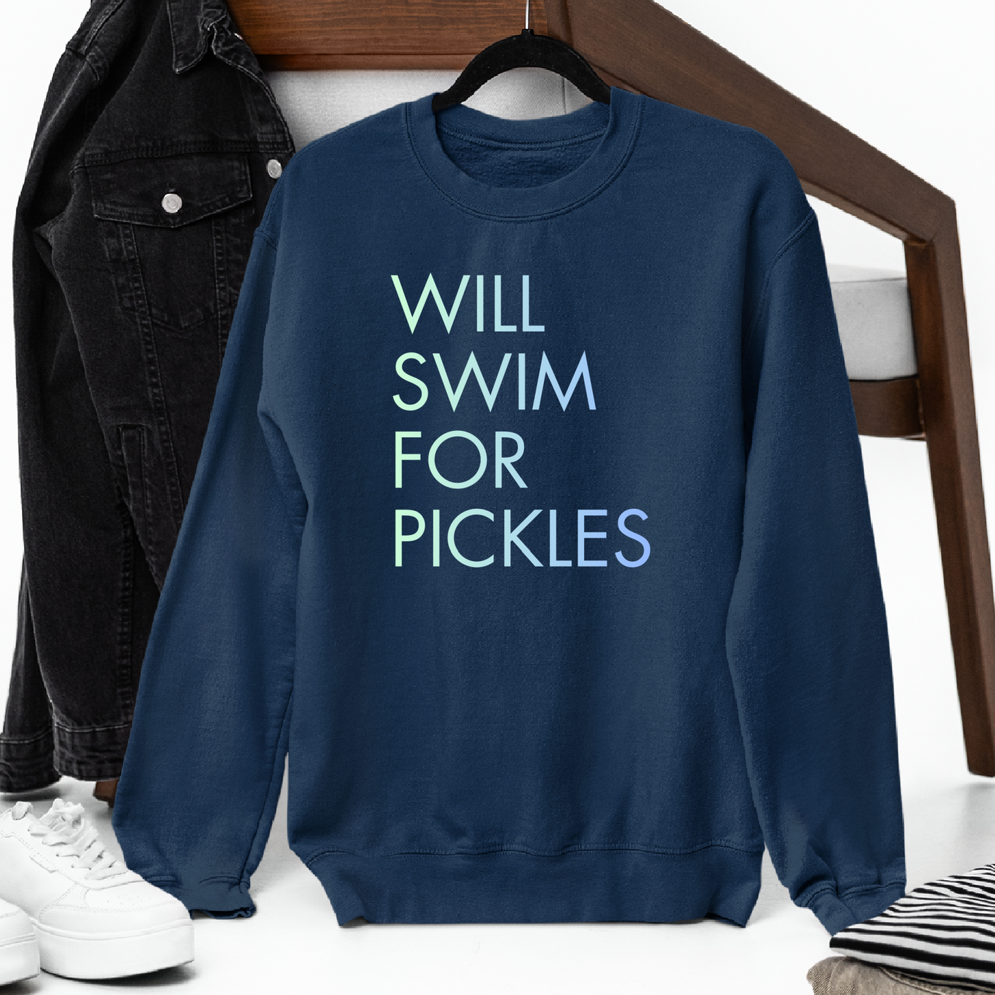 Will Swim for Pickles Minimalist - Navy Tee, Long Sleeve Tee, Crewneck, or Hoodie