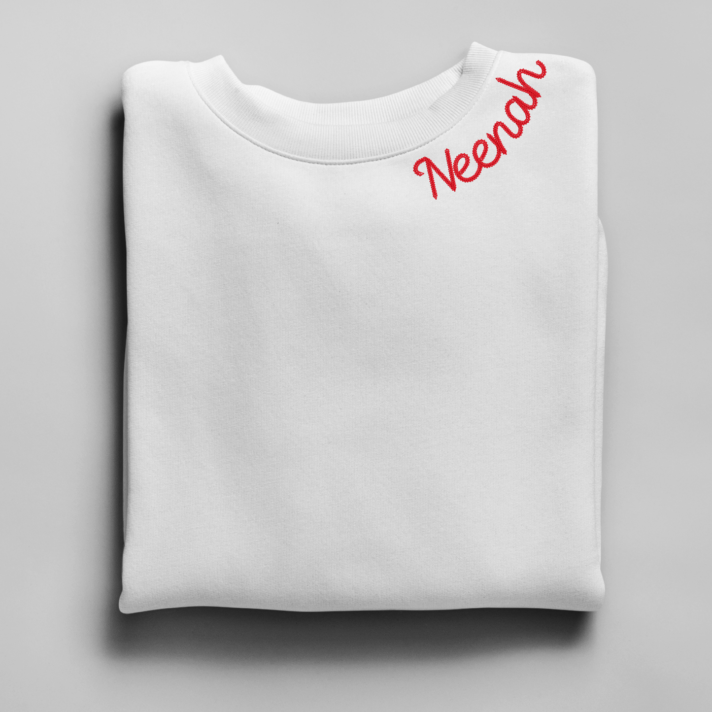 Red Neenah on White Crewneck Sweatshirt – Chainstitch Collar Design
