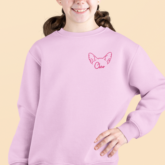 Kids Pink Custom Embroidered Crewneck Sweatshirt - Cat Ears with Name