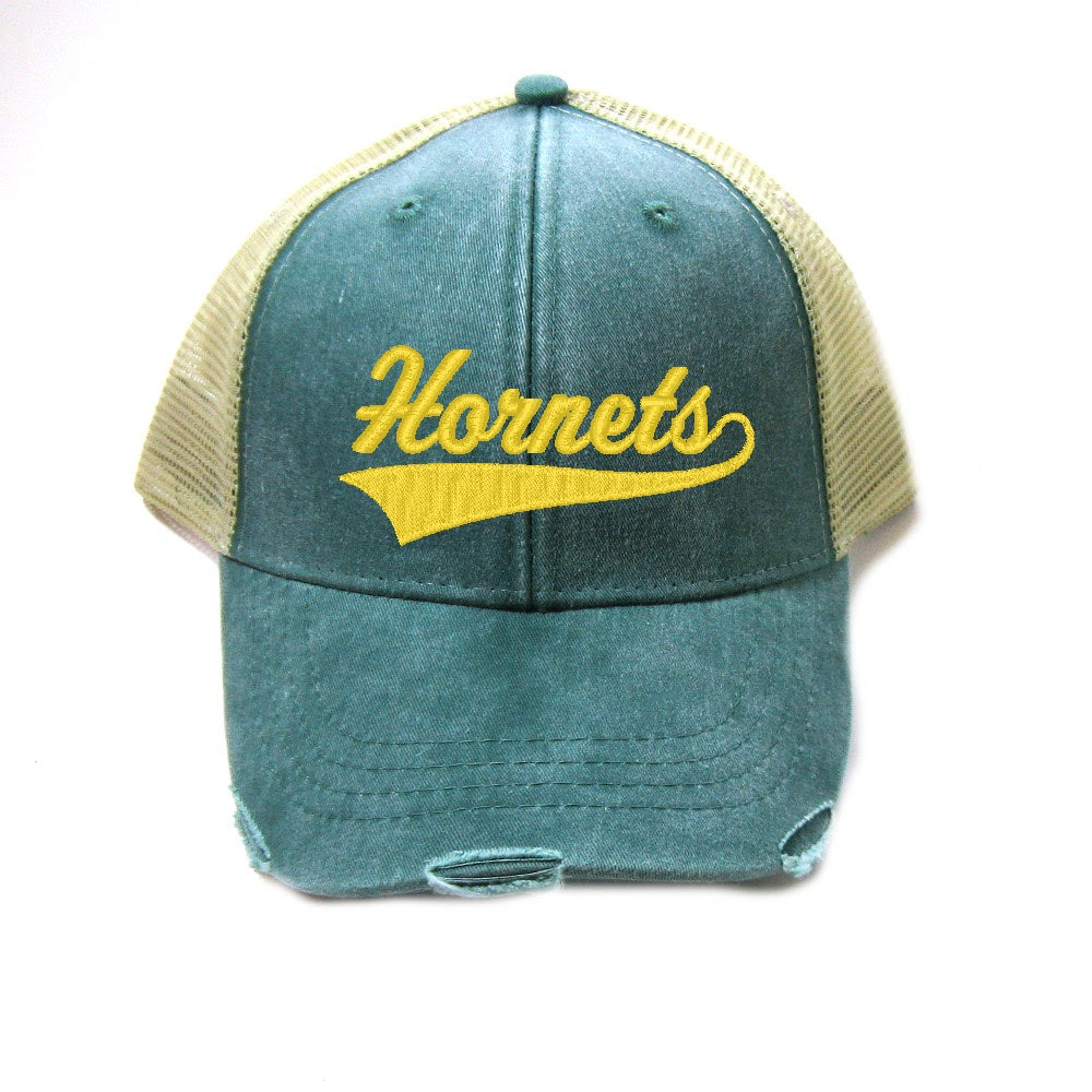 Preble Distressed Trucker Hat - Hornets Athletic Script with Ribbon