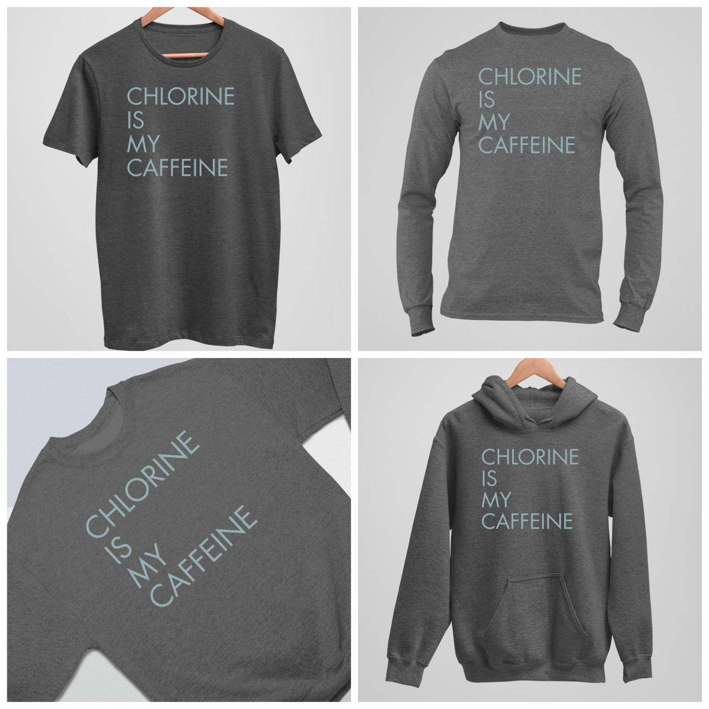 Caffeine is my Chlorine Minimalist - Dark Heather Tee, Long Sleeve Tee, Crewneck, or Hoodie