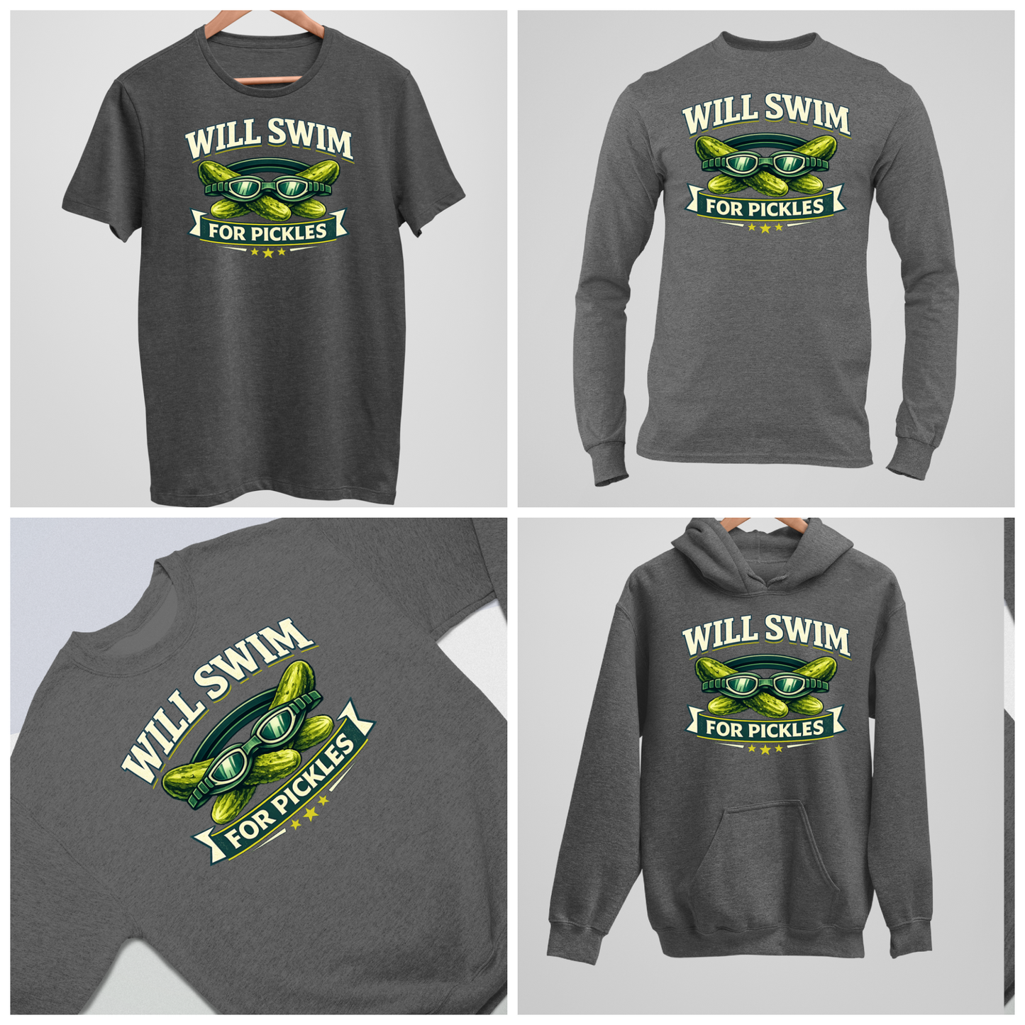 Will Swim For Pickles Vintage - Dark Heather Tee, Long Sleeve Tee, Crewneck, or Hoodie