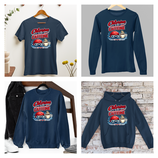 Caffeine is my Chlorine Vintage - Navy Tee, Long Sleeve Tee, Crewneck, or Hoodie