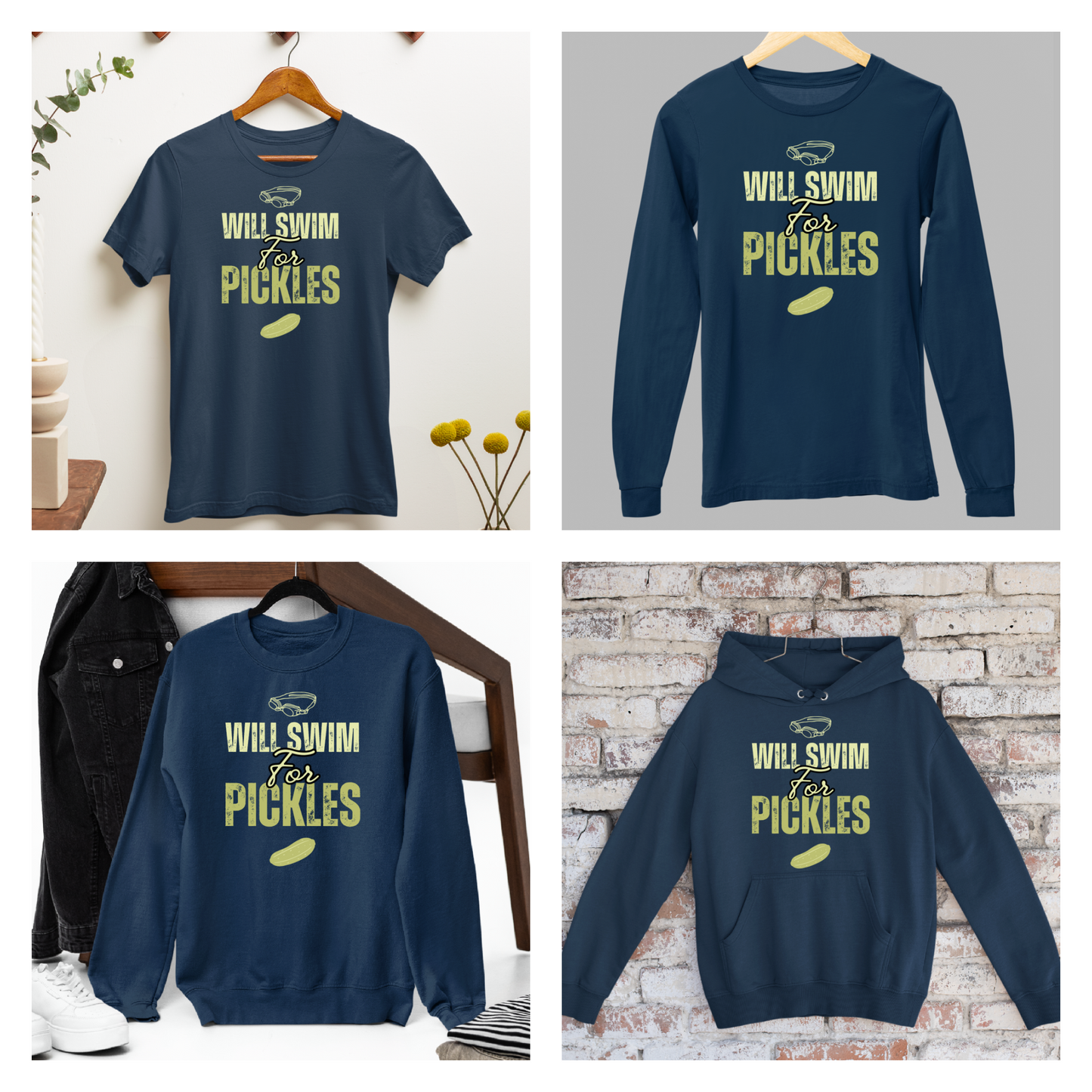 Will Swim for Pickles Graphic - Navy Tee, Long Sleeve Tee, Crewneck, or Hoodie
