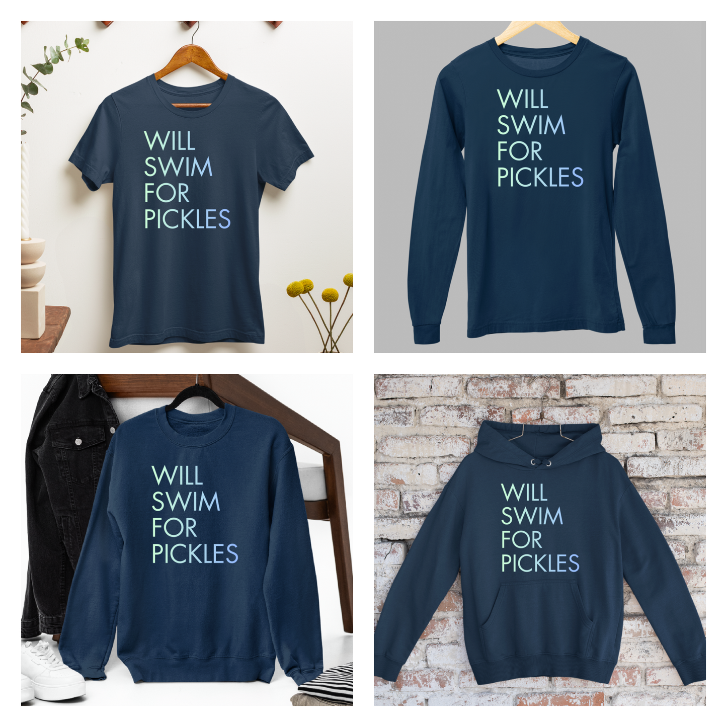Will Swim for Pickles Minimalist - Navy Tee, Long Sleeve Tee, Crewneck, or Hoodie