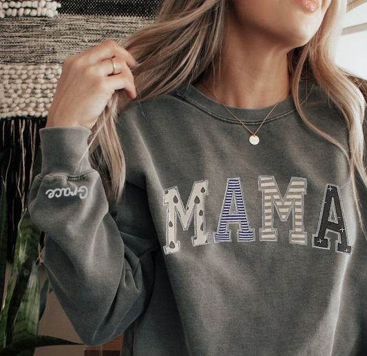 Garment Dyed Mama Crewneck Sweatshirt - Custom Keepsake Embroidered - name on sleeve