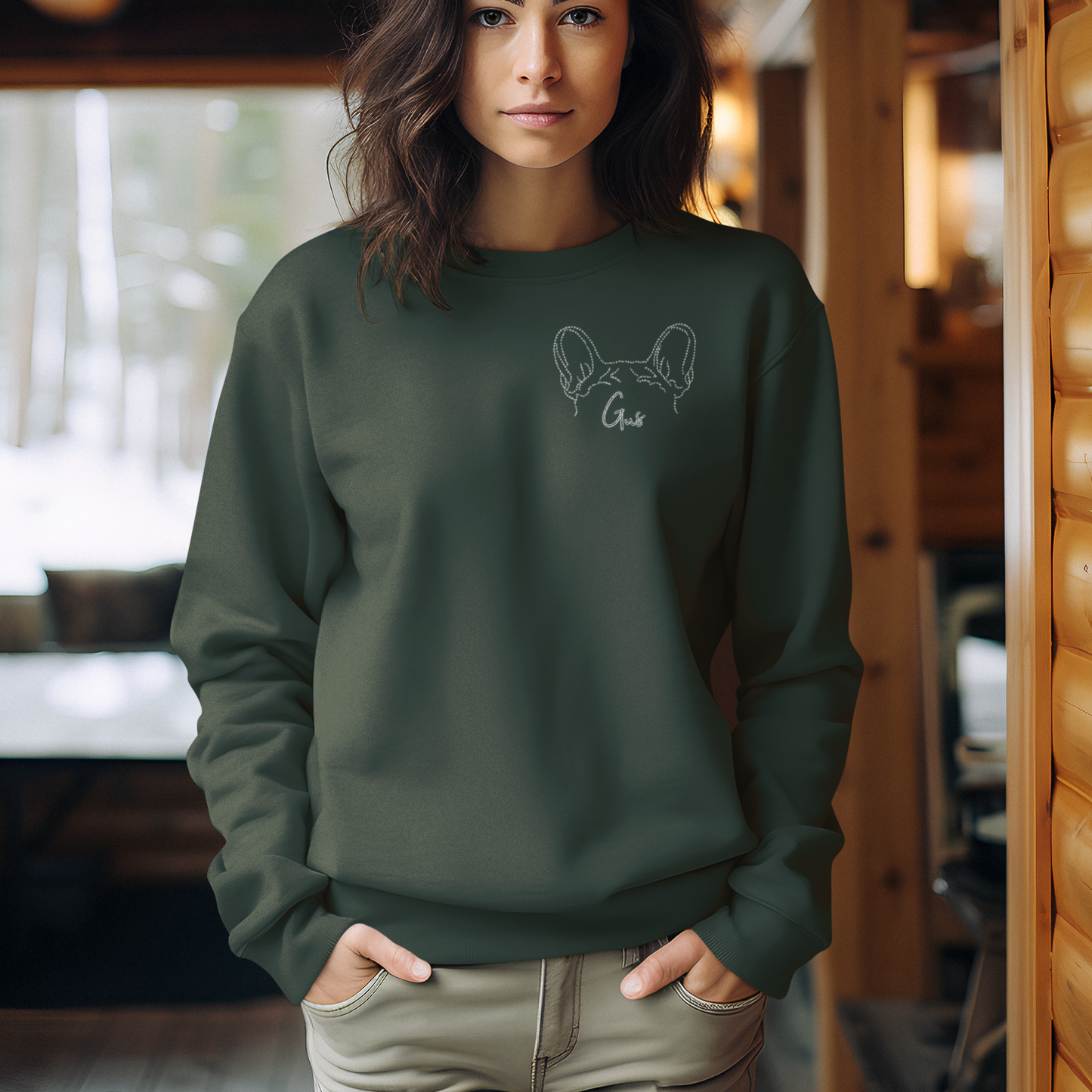 Forest Green Custom Embroidered Crewneck Sweatshirt - Dog Ears with Name