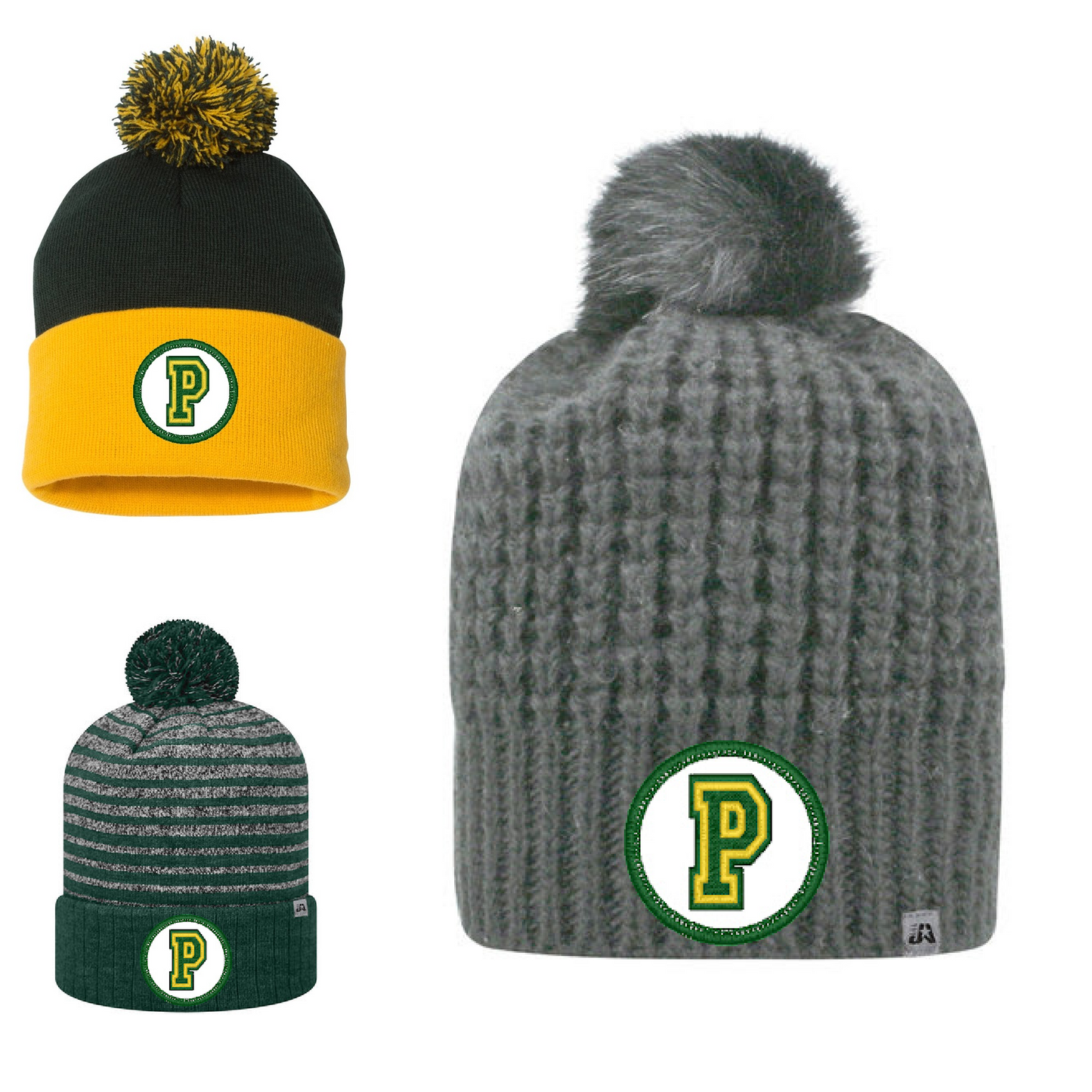 Preble Embroidered Patch Beanie Winter Hats - Green and Yellow Block Patch