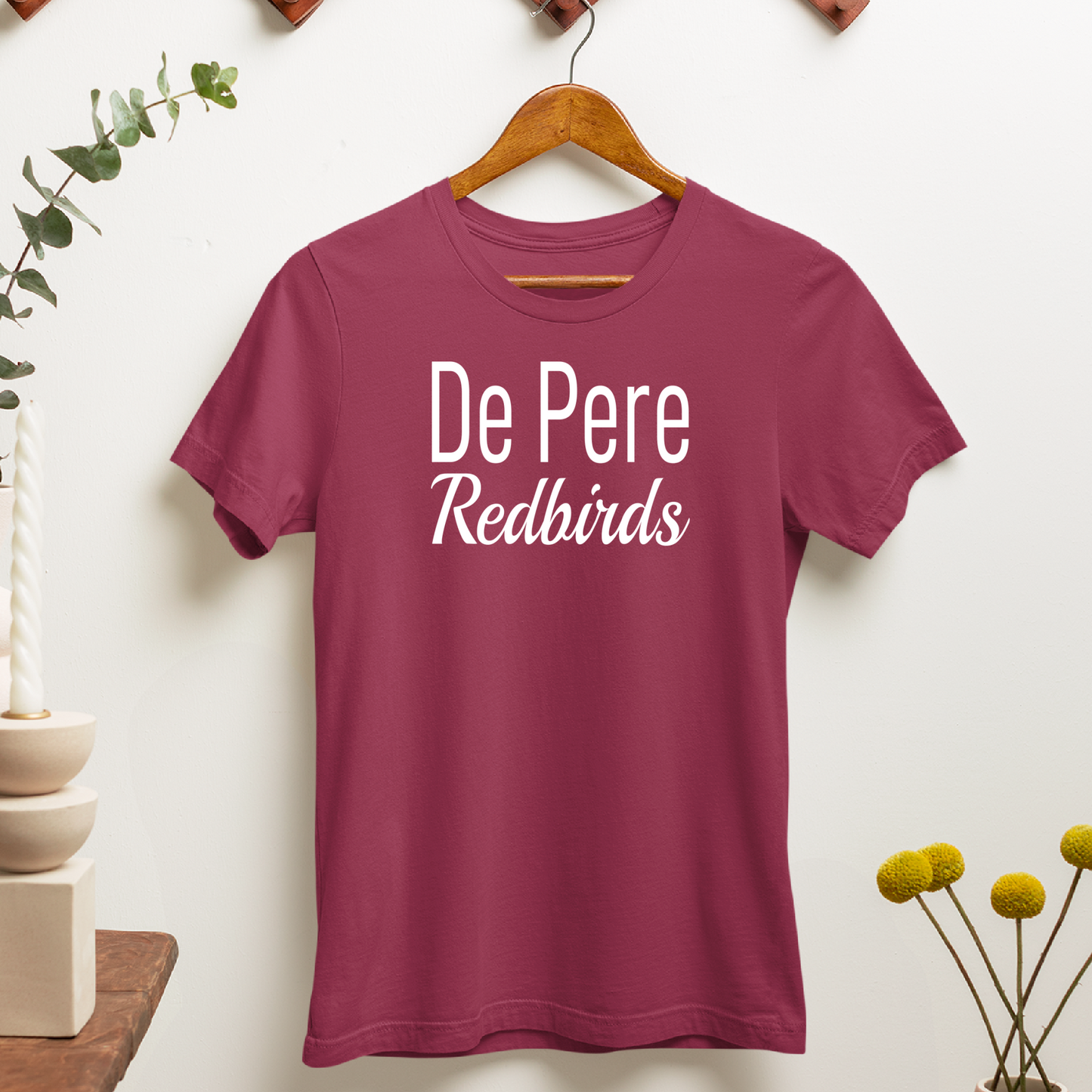 De Pere Redbirds Minimalist Design - Cardinal Red Tee, Crewneck, or Hoodie