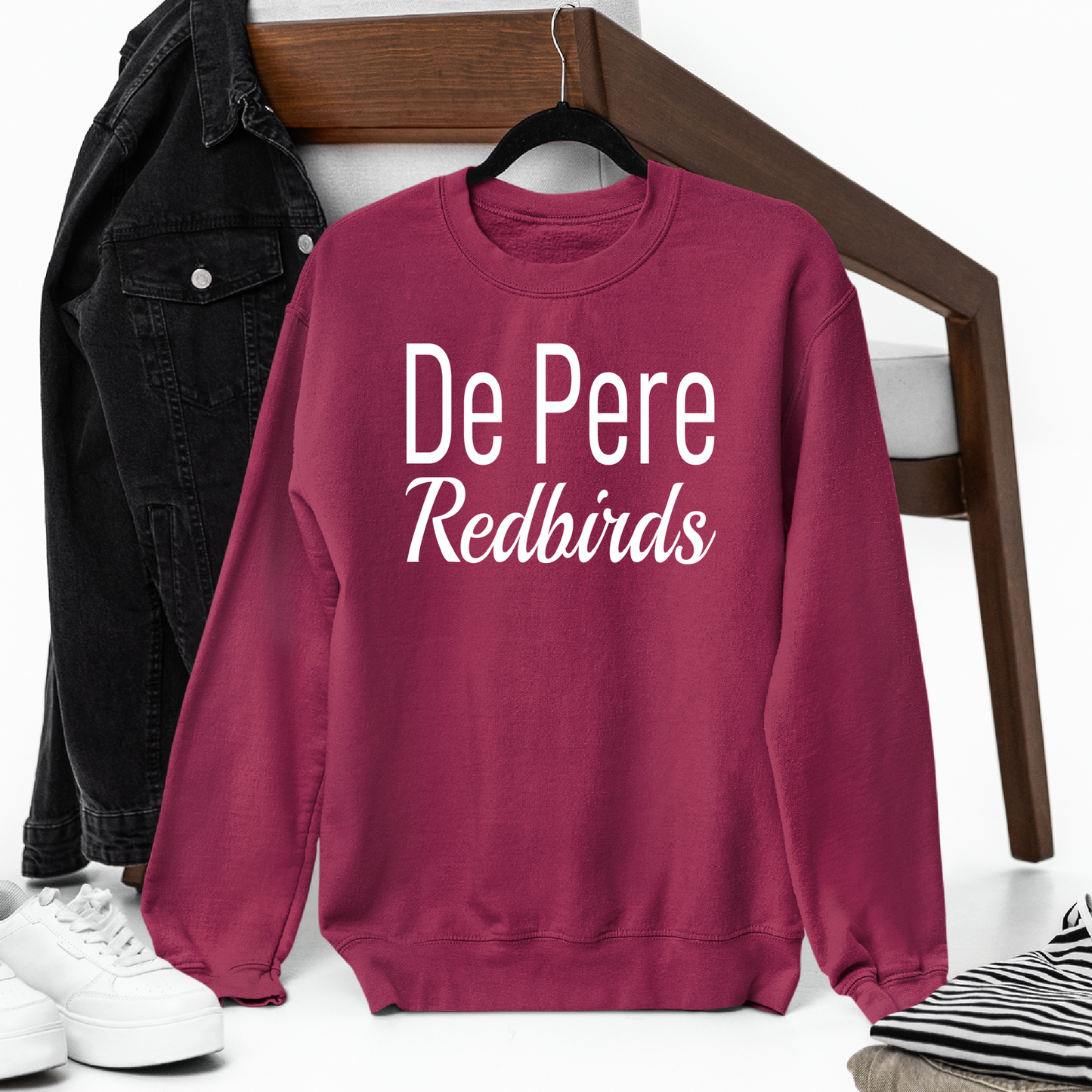 De Pere Redbirds Minimalist Design - Cardinal Red Tee, Crewneck, or Hoodie