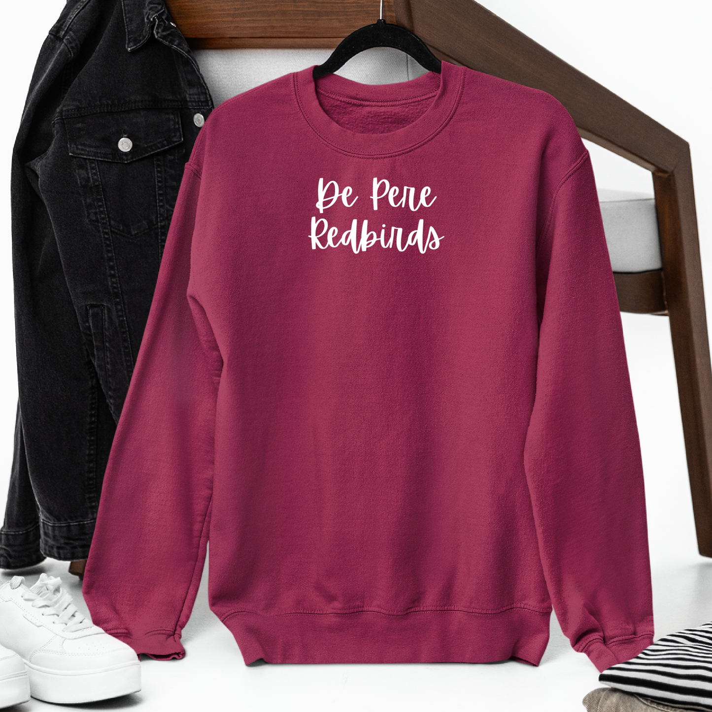 De Pere Redbirds Small Script Design - Cardinal Red Tee, Crewneck, or Hoodie