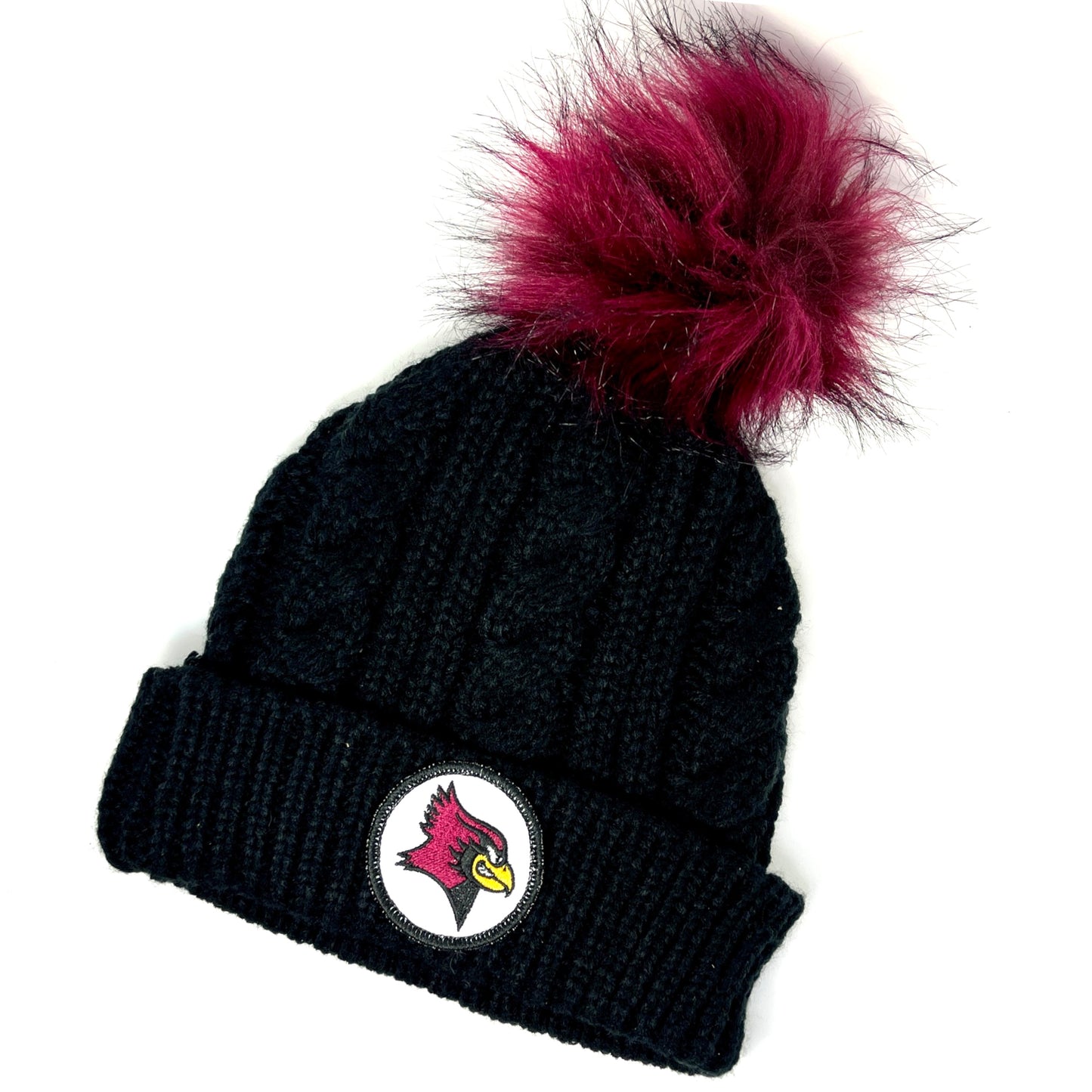 Black De Pere Redbird Cable Knit Cardinal Fur Pom Beanie | Winter Hat