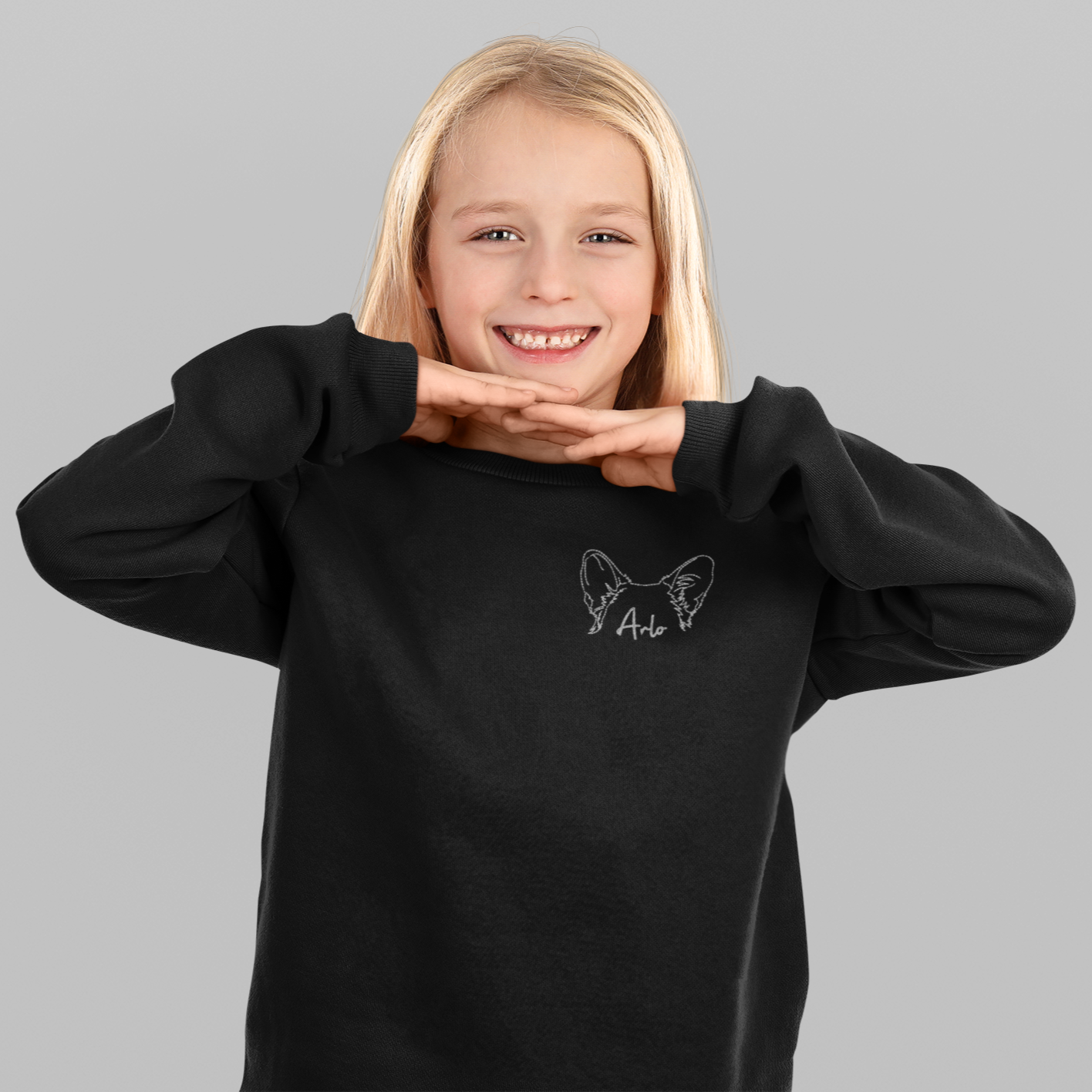 Kids Black Custom Embroidered Crewneck Sweatshirt - Dog Ears with Name