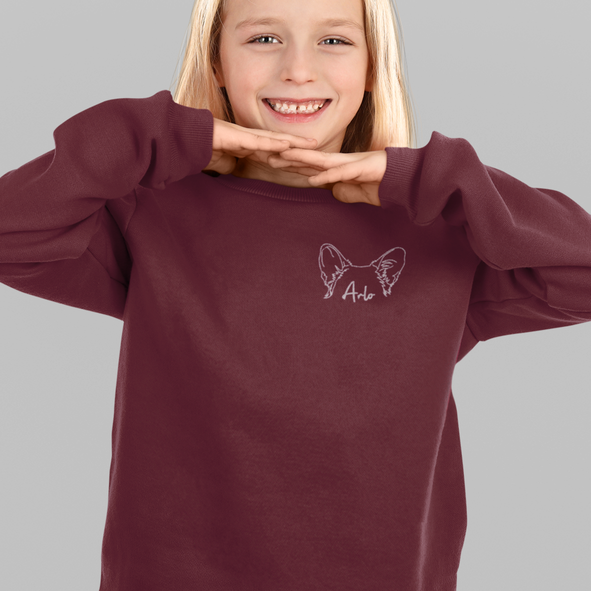 Kids Maroon Custom Embroidered Crewneck Sweatshirt - Dog Ears with Name