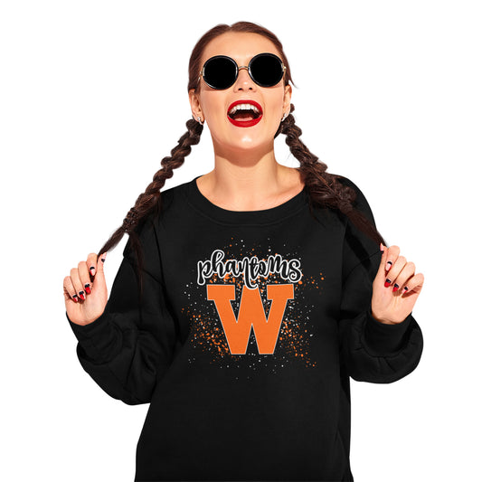 Heavy Black Sweatshirt with West De Pere Phantoms Splatter Design