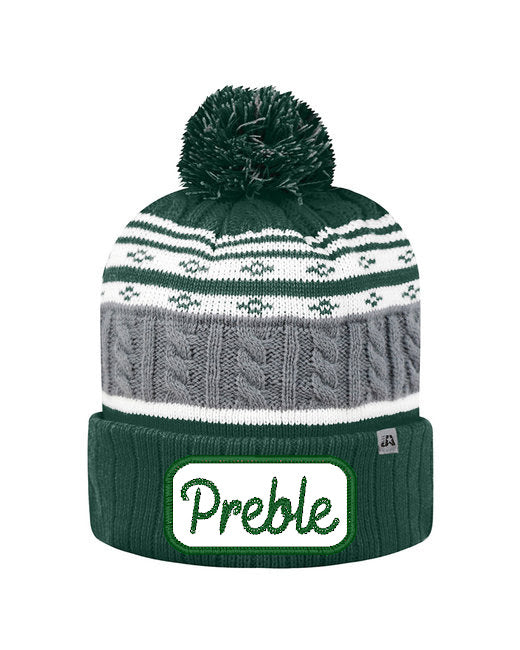 Preble Embroidered Patch Beanie Winter Hats - Green Chainstitich Patch