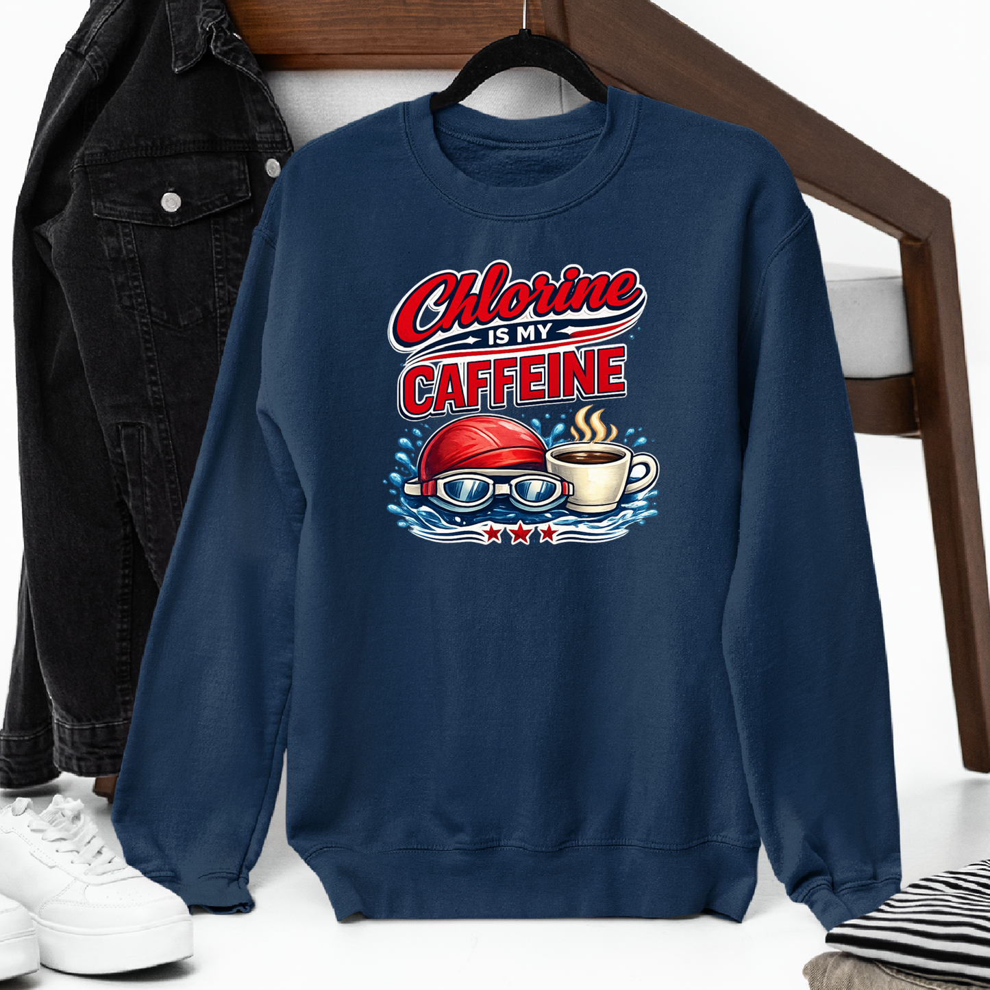 Caffeine is my Chlorine Vintage - Navy Tee, Long Sleeve Tee, Crewneck, or Hoodie