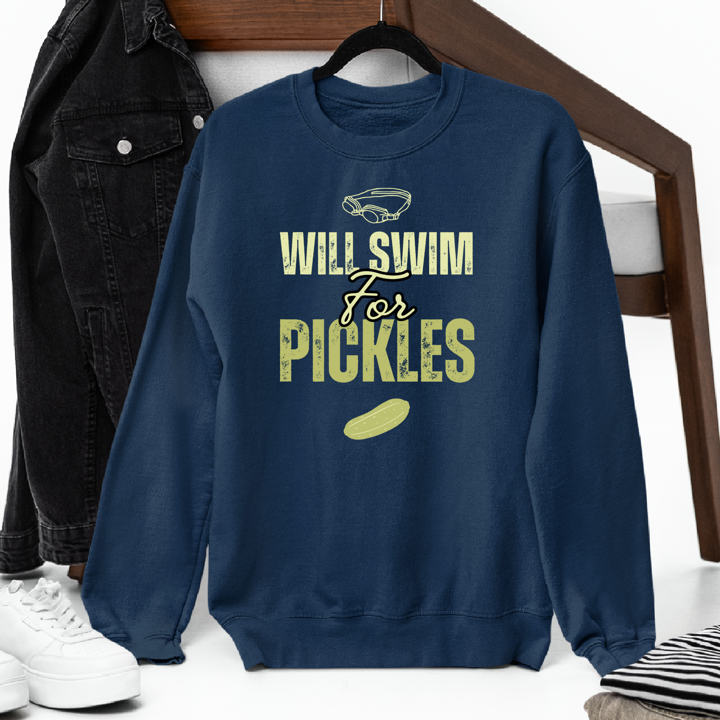 Will Swim for Pickles Graphic - Navy Tee, Long Sleeve Tee, Crewneck, or Hoodie