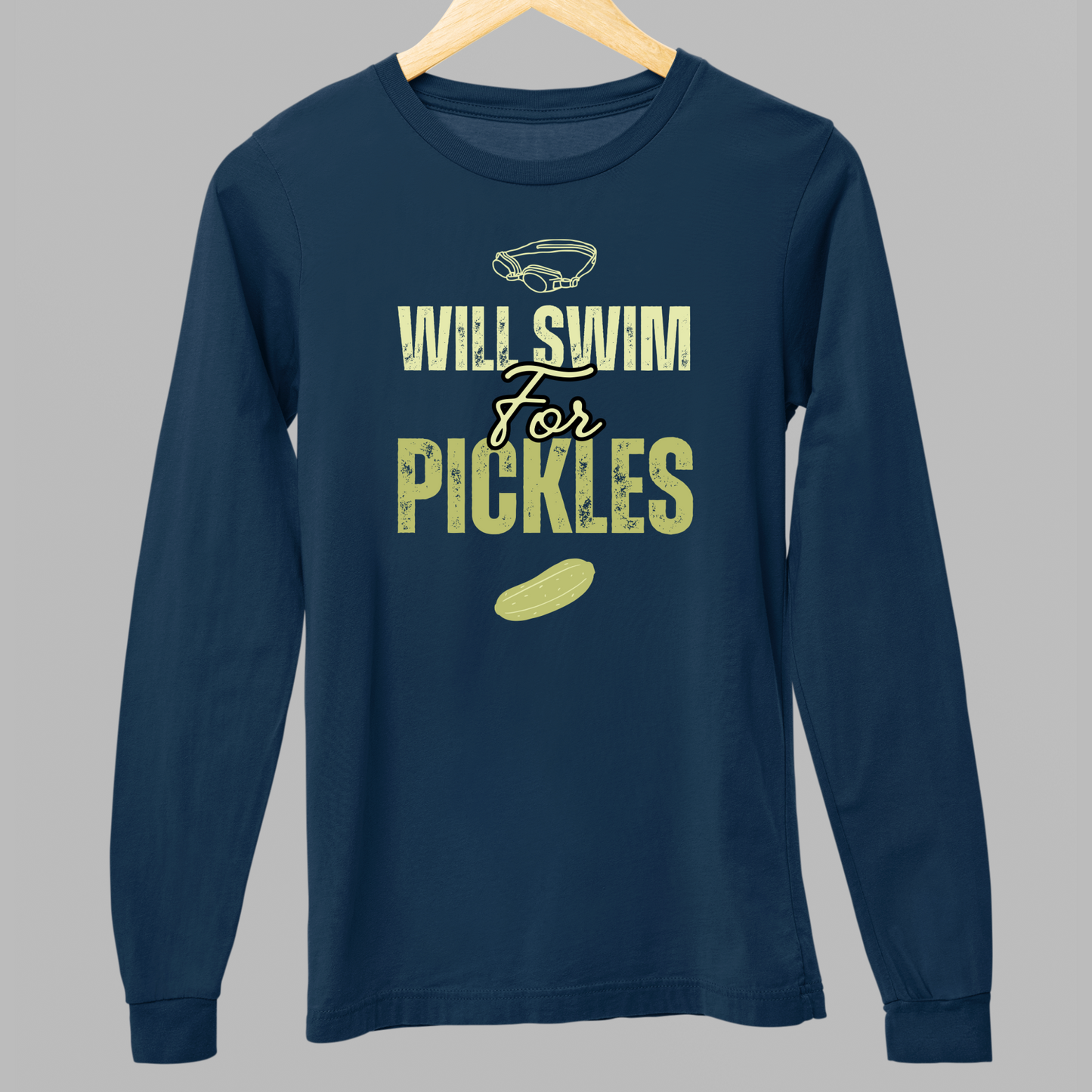 Will Swim for Pickles Graphic - Navy Tee, Long Sleeve Tee, Crewneck, or Hoodie