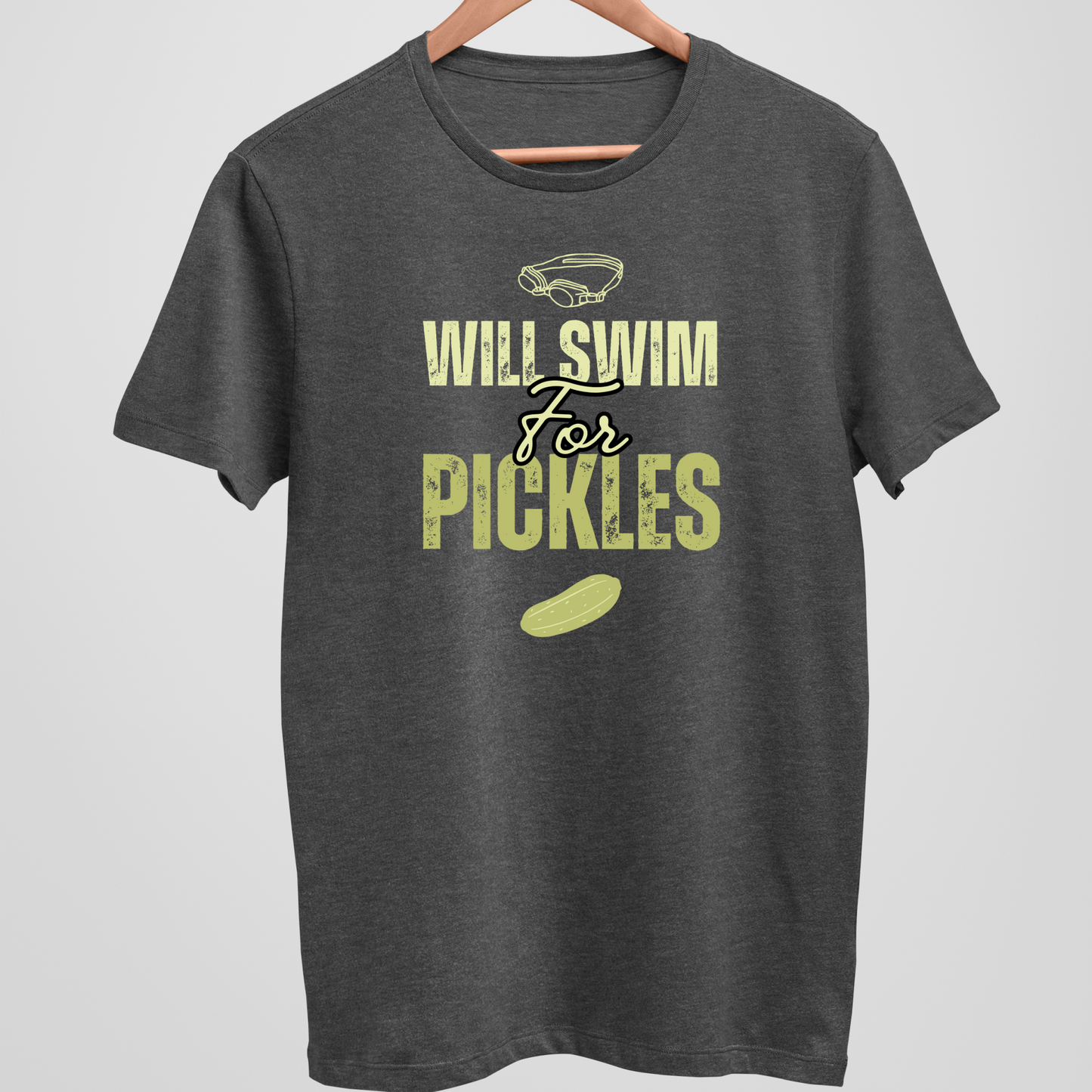 Will Swim for Pickles Graphic - Dark Heather Tee, Long Sleeve Tee, Crewneck, or Hoodie
