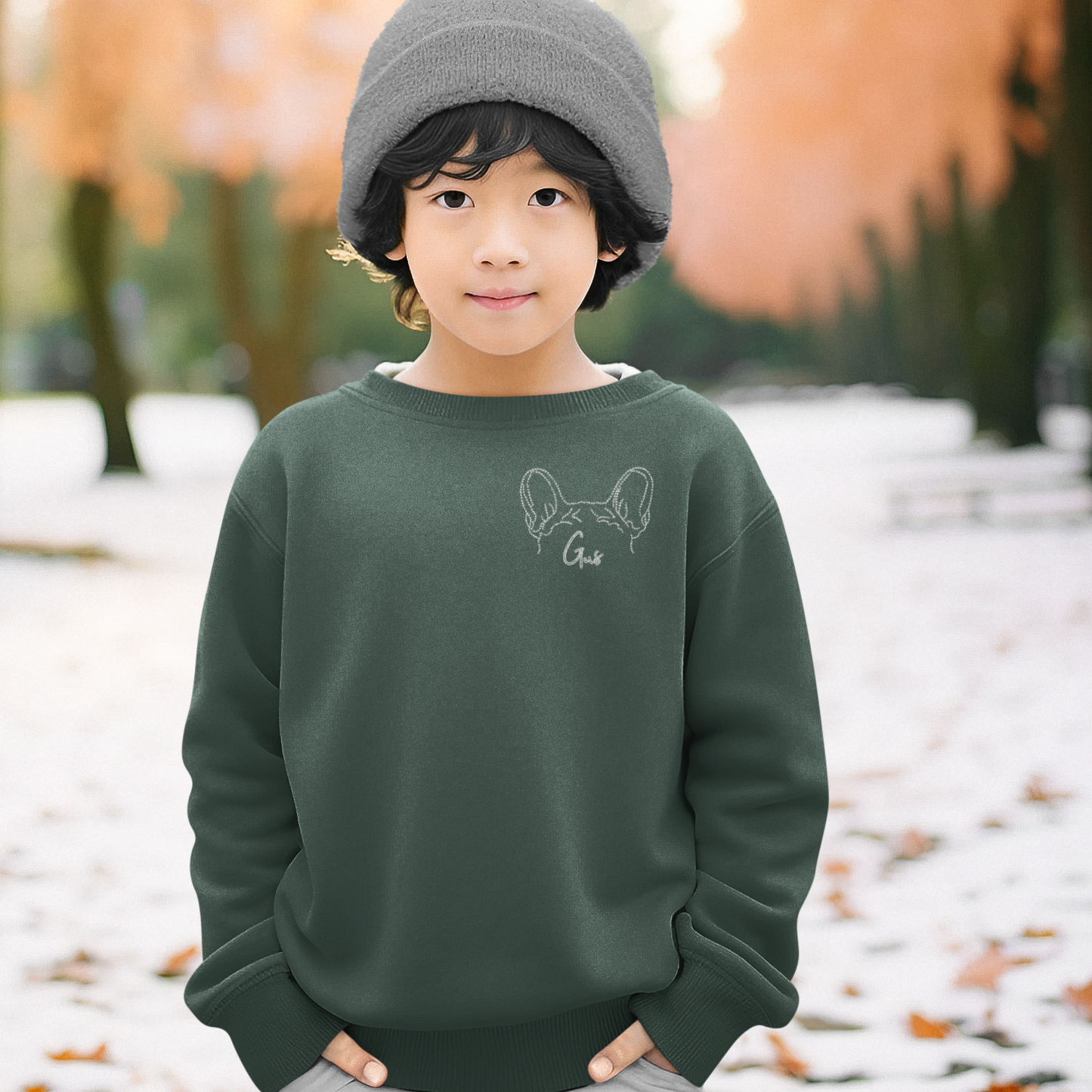 Kids Forest Green Custom Embroidered Crewneck Sweatshirt - Dog Ears with Name