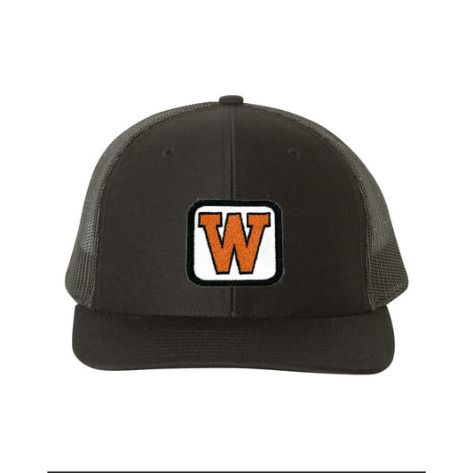 Black 6 panel with Black Mesh | West De Pere Patched Snapback Mid-Profile Trucker Hat