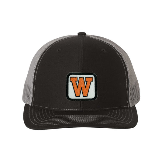 Black 6 panel with Gray Mesh | West De Pere Patched Snapback Mid-Profile Trucker Hat