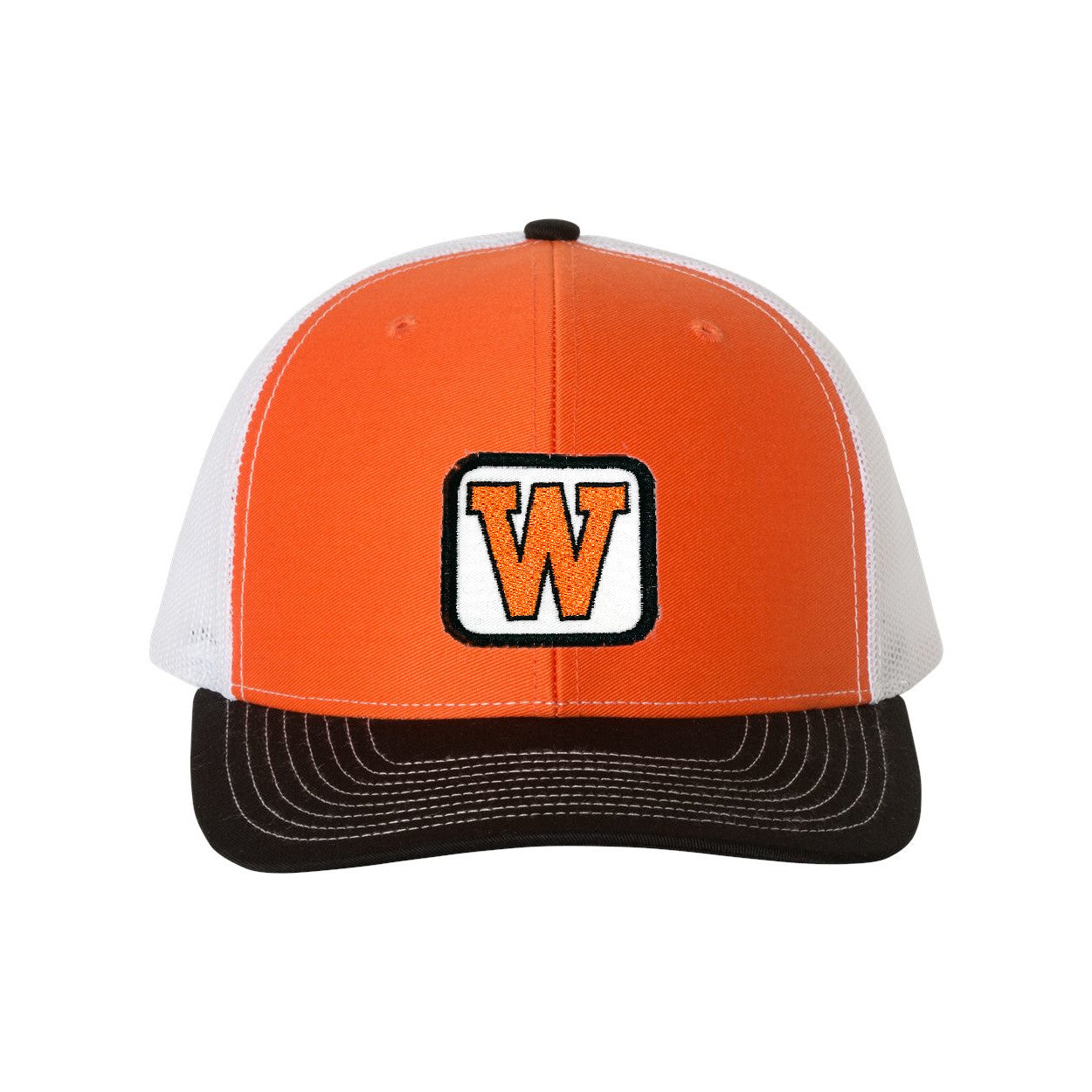 Black Orange and White 6 panel with Gray Mesh | West De Pere Patched Snapback Mid-Profile Trucker Hat