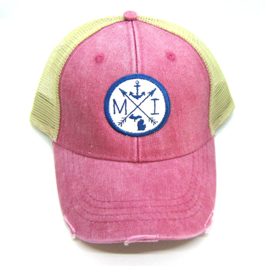 Michigan Hat - Washed Red Distressed Snapback Trucker Hat - Michigan Nautical Anchor Arrow Compass