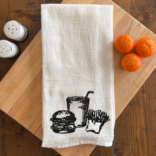 Burger, Fries & a Drink - Embroidered White Tea Towel