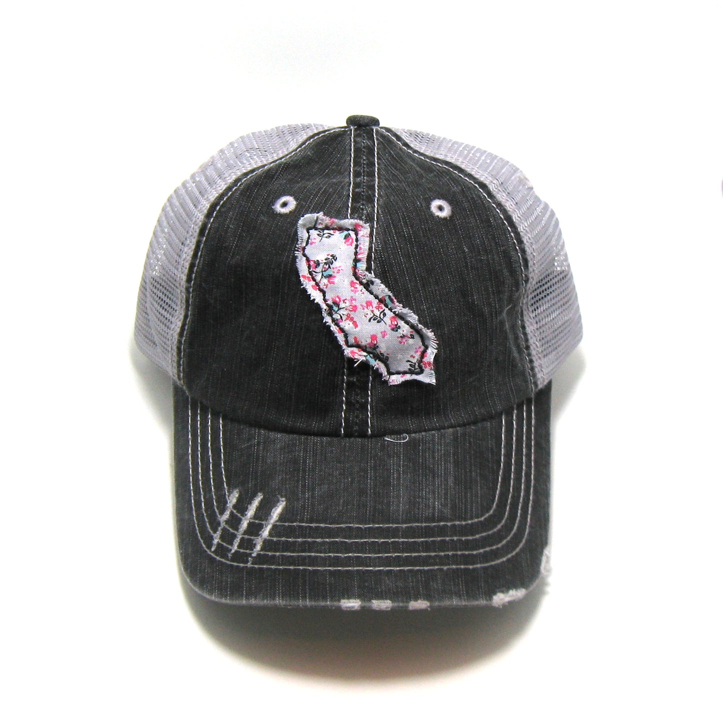 gray distressed trucker hat with gray floral fabric state of California