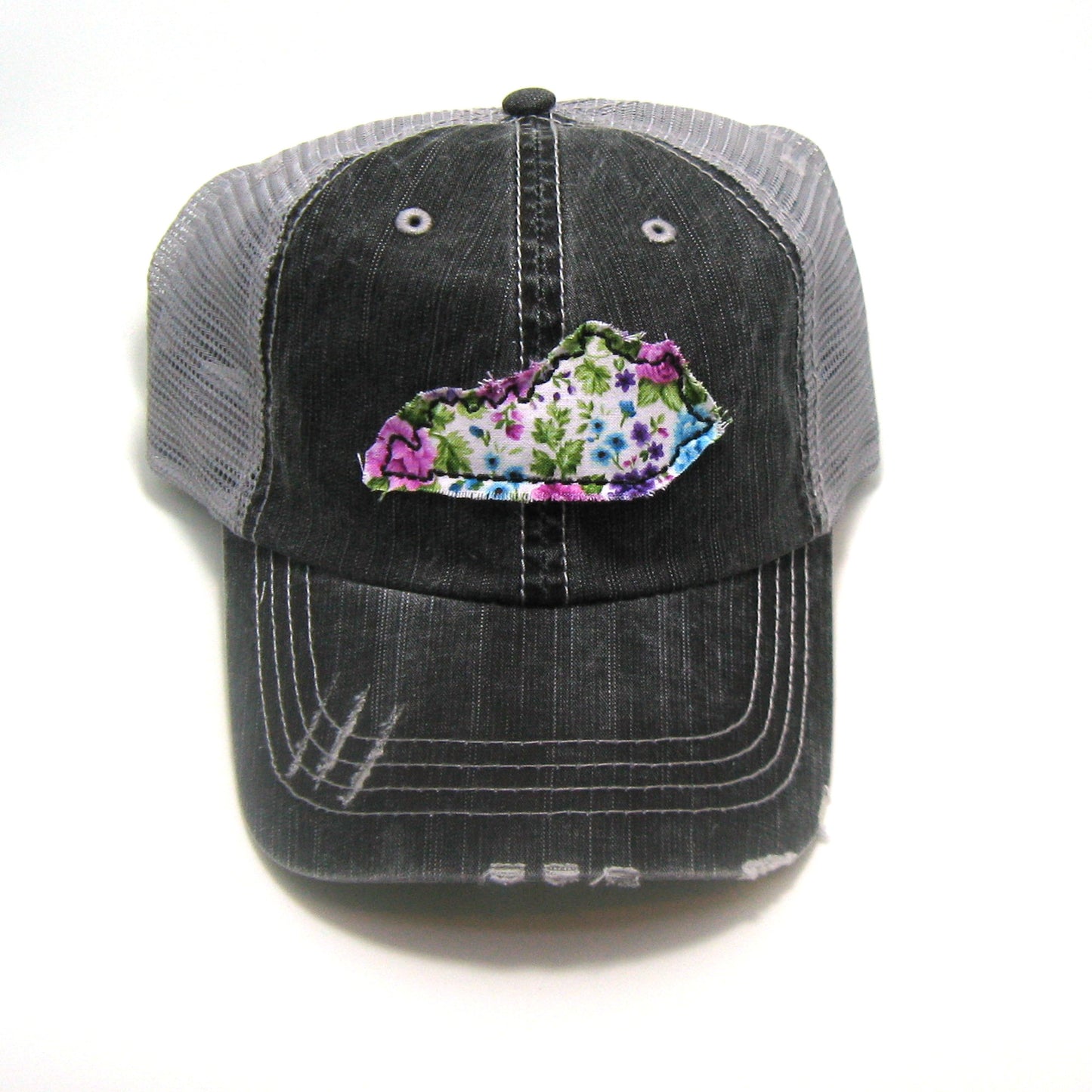 gray distressed trucker hat with gray floral fabric state of Kentucky
