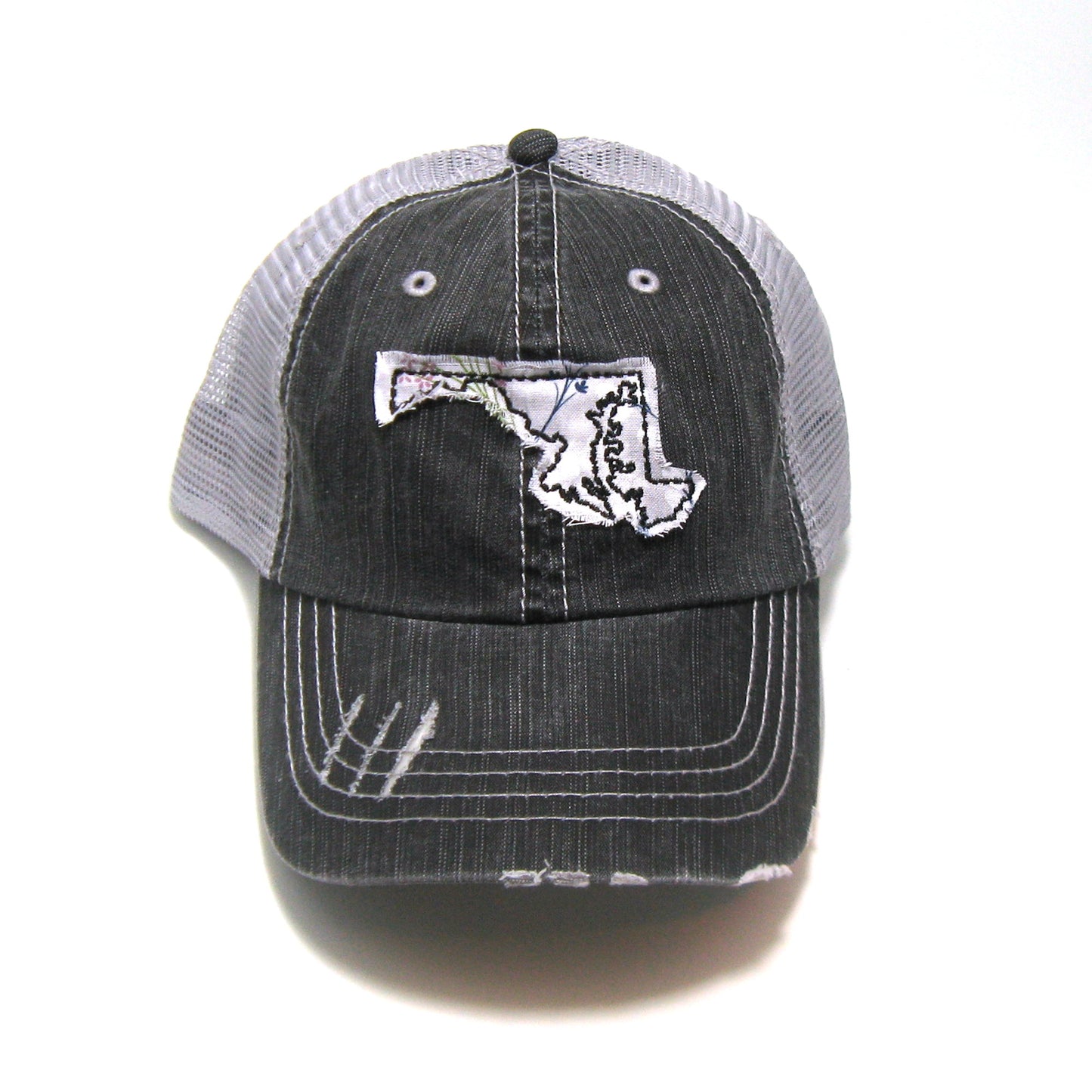gray distressed trucker hat with gray floral fabric state of Maryland