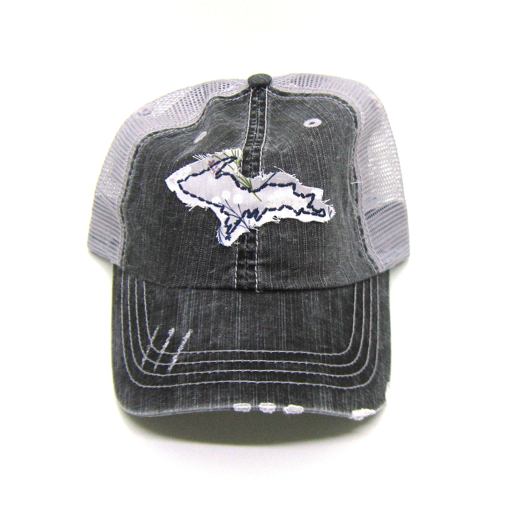 gray distressed trucker hat with gray floral fabric state of UP of Michigan
