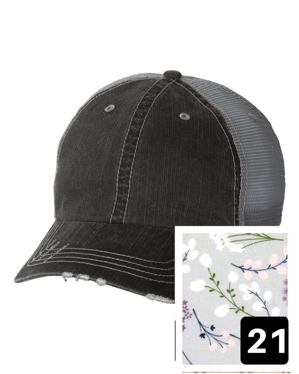 gray distressed trucker hat with yellow and white floral fabric state of Georgia