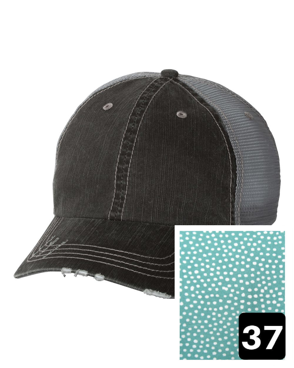 gray distressed trucker hat with gray polka dot fabric state of Maine