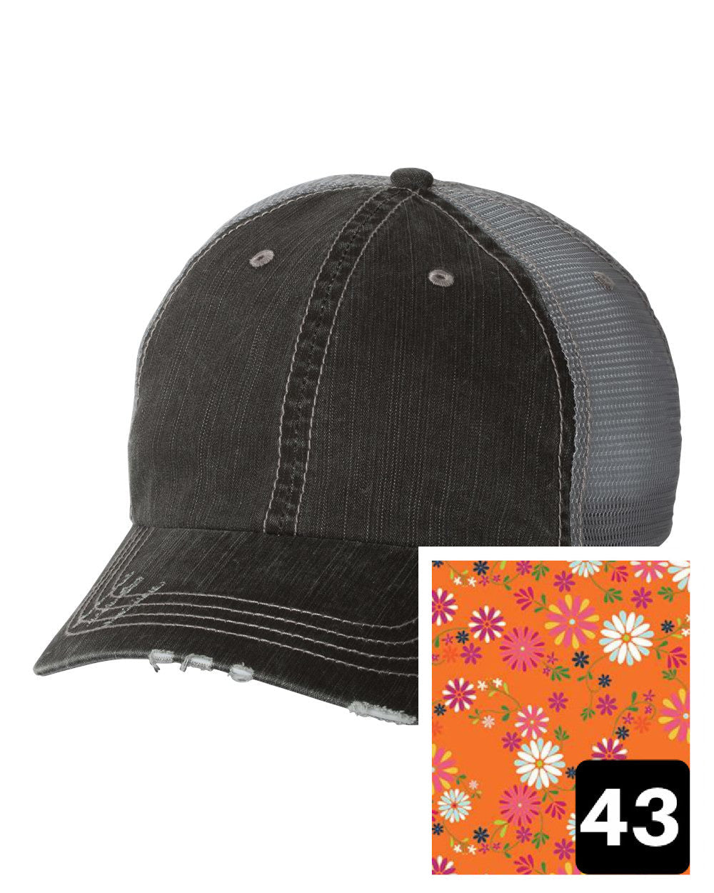 gray distressed trucker hat with black geometric fabric state of Massachusetts