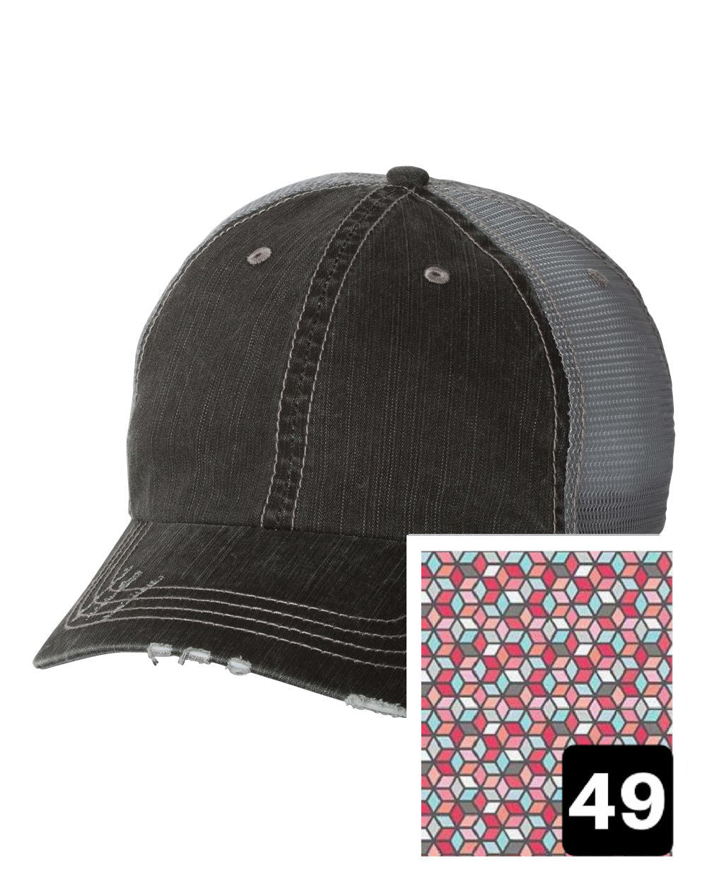 gray distressed trucker hat with black with white hatch fabric state of Kansas