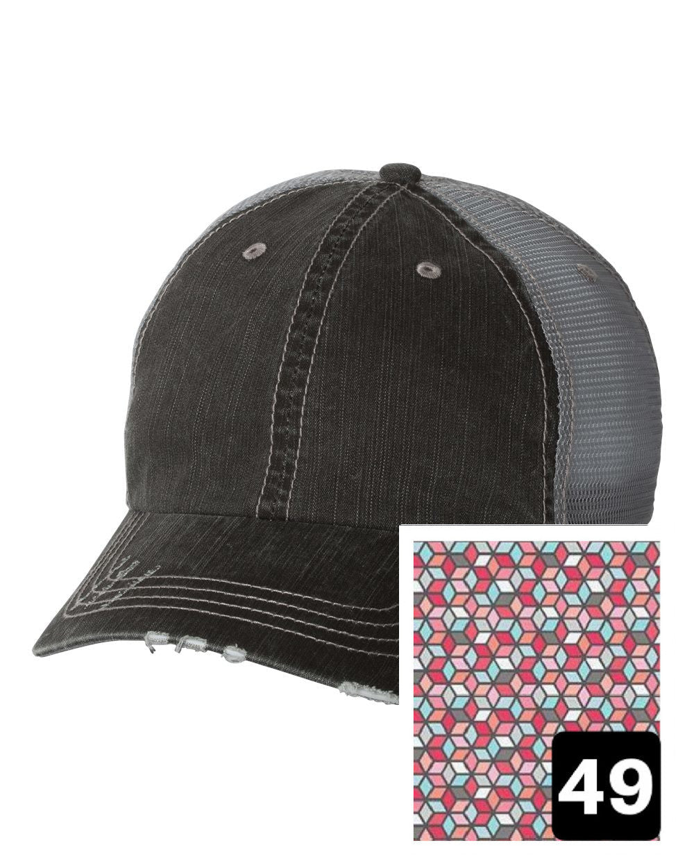gray distressed trucker hat with pink trellis fabric state of Maine