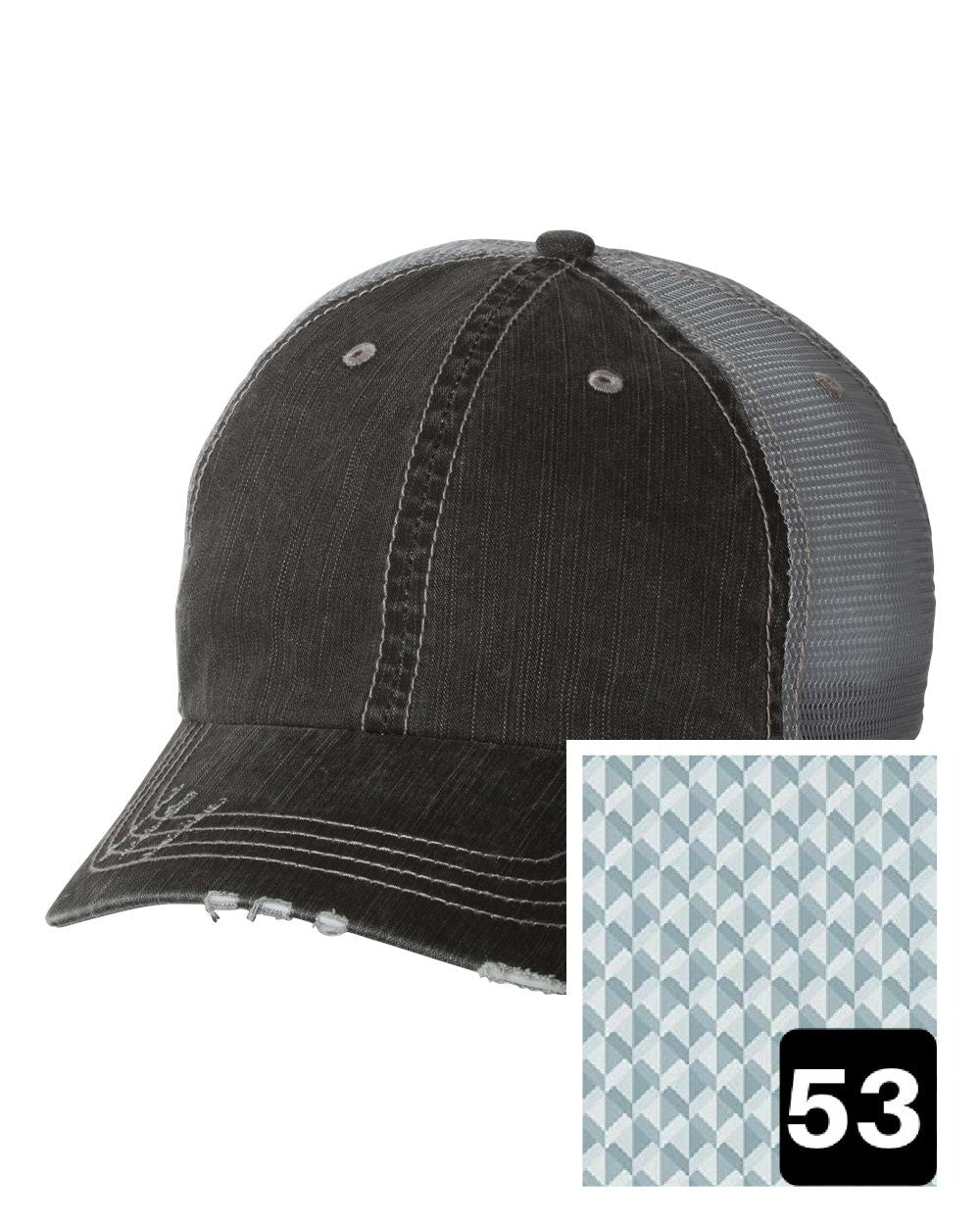 gray distressed trucker hat with multi-color stripe fabric state of New Hampshire