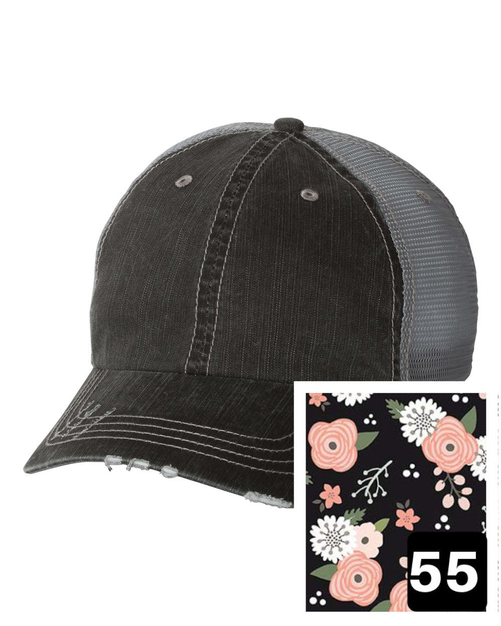 gray distressed trucker hat with petite floral on navy fabric state of Washington