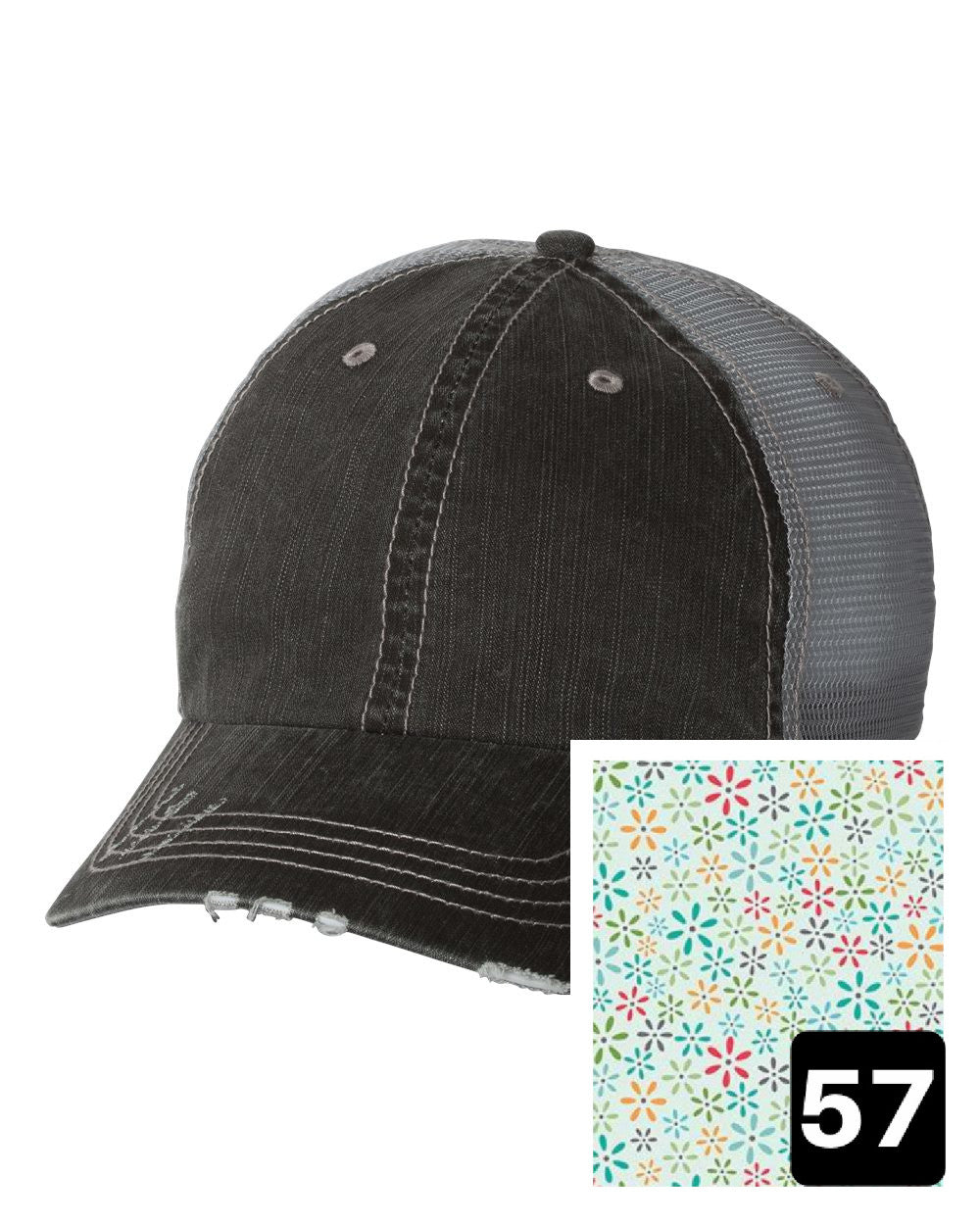 gray distressed trucker hat with white daisy on yellow fabric state of California