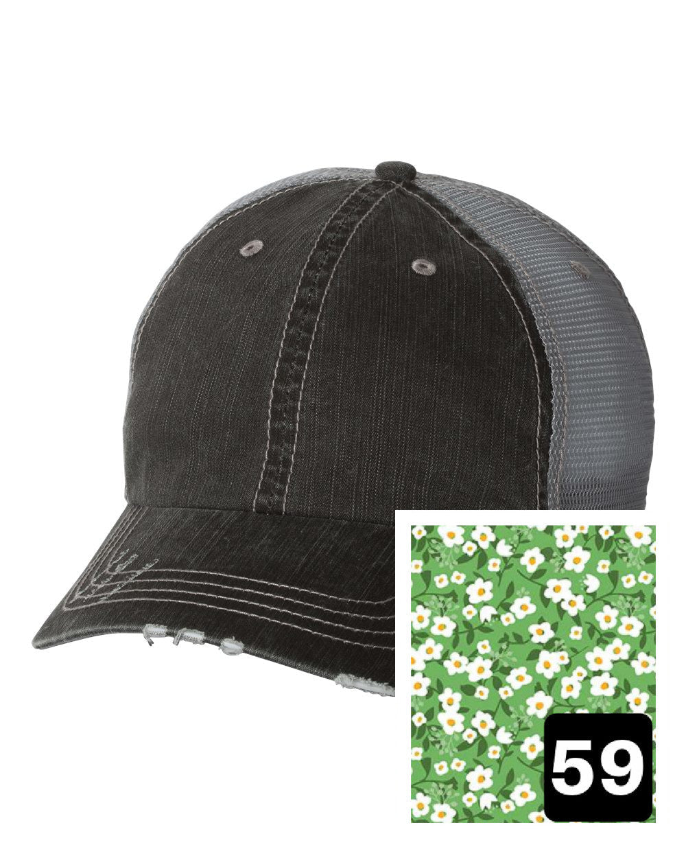 gray distressed trucker hat with white floral on red fabric state of Connecticut