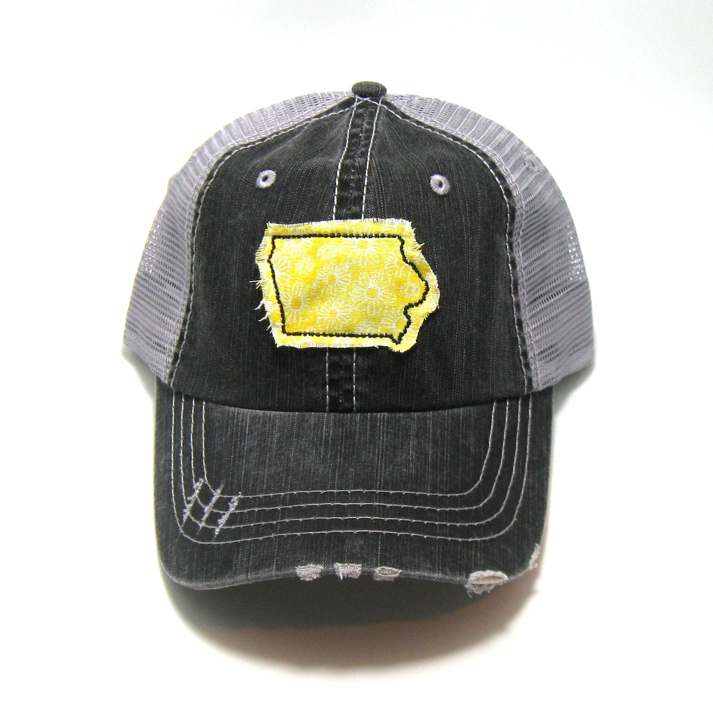 gray distressed trucker hat with gray floral fabric state of Iowa